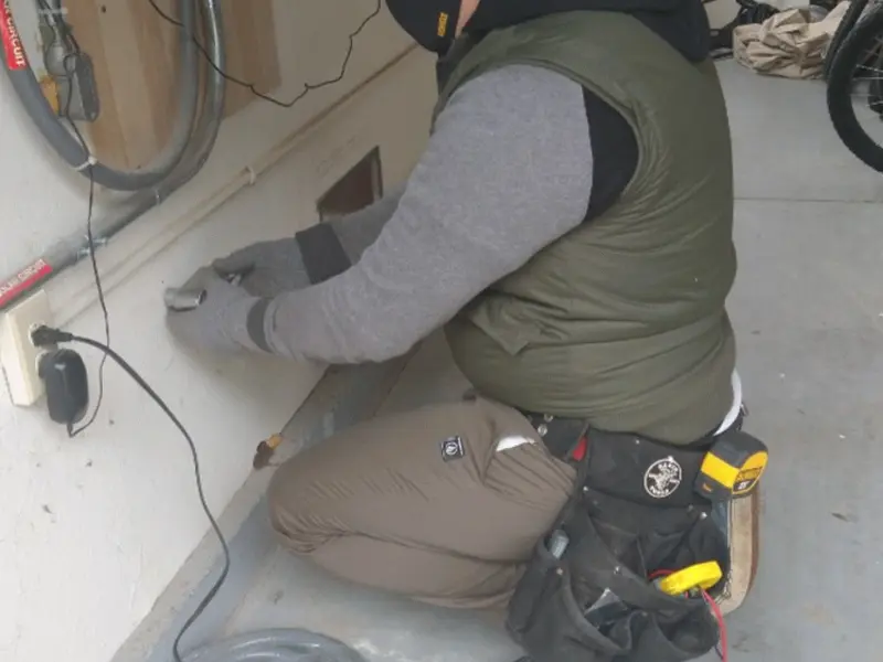 Electrician performing outlet wiring in a Newnan garage